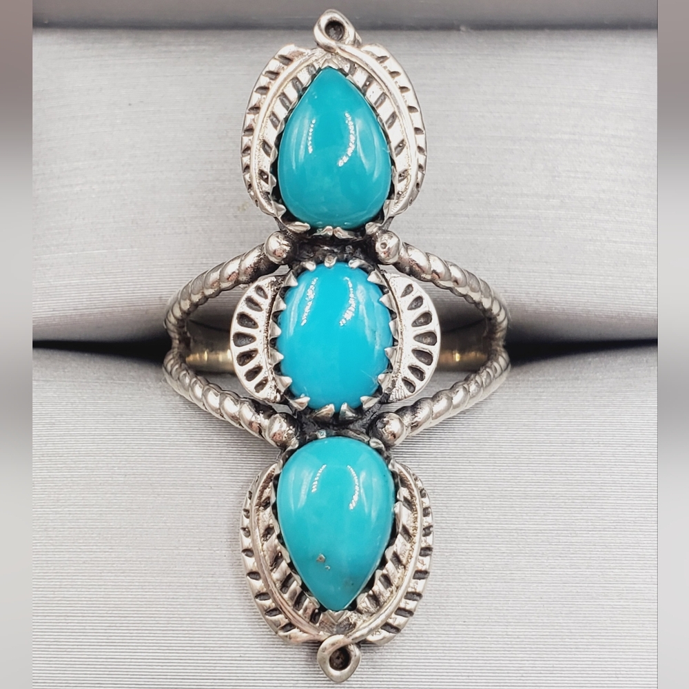 925 Sterling Silver Ring Triple Turquoise Ring Statement Ring Feather Ring